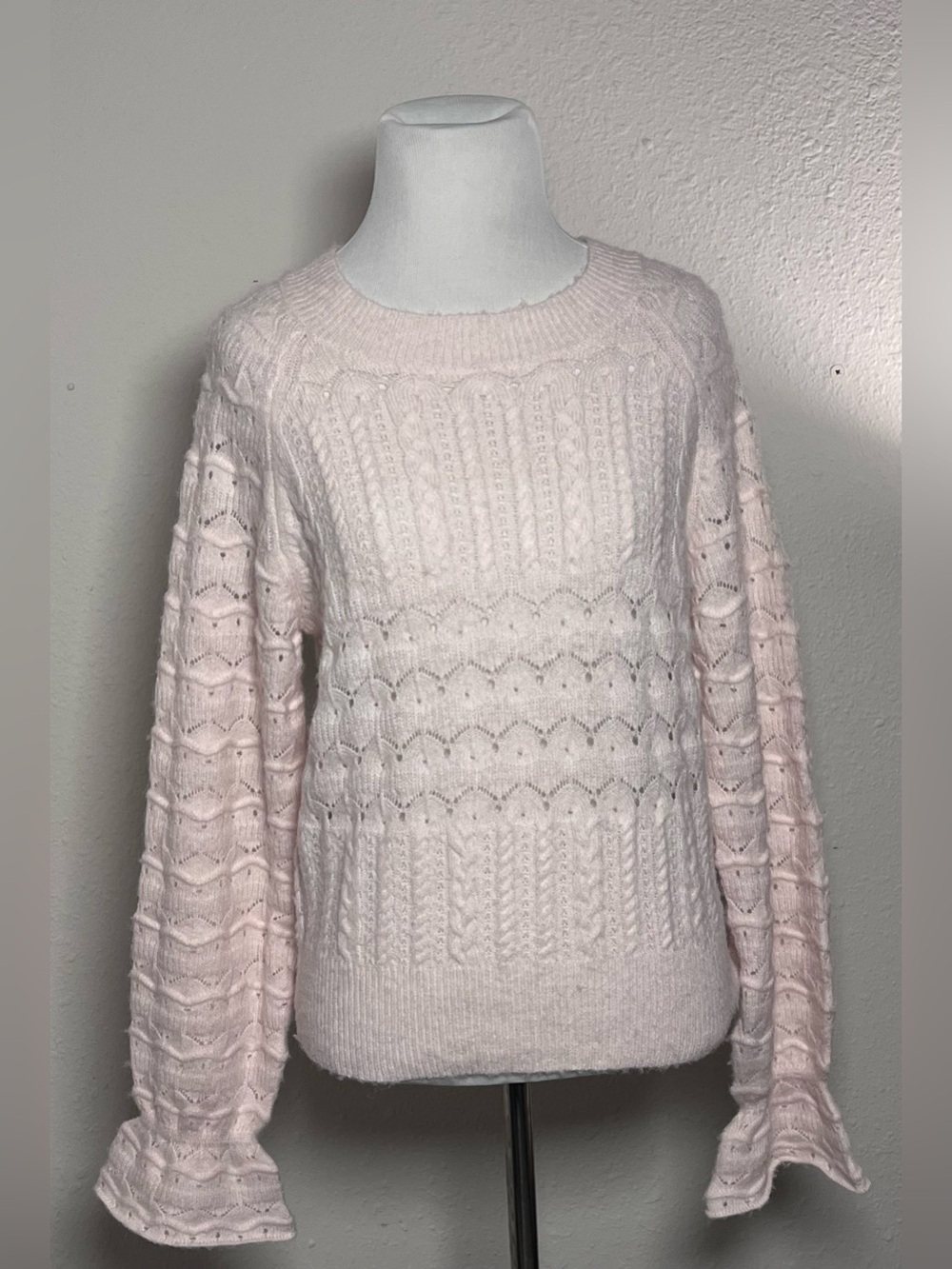 Francesca's Collections Pale Pink Cable Knit Crewneck Sweater